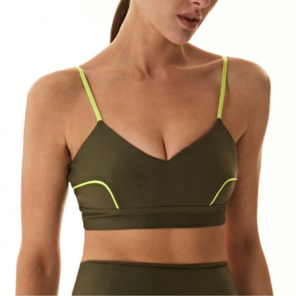 Lanston Sport Olive Green Hypnotic Piped Sports Bra Spaghetti Strap Women Sz XS